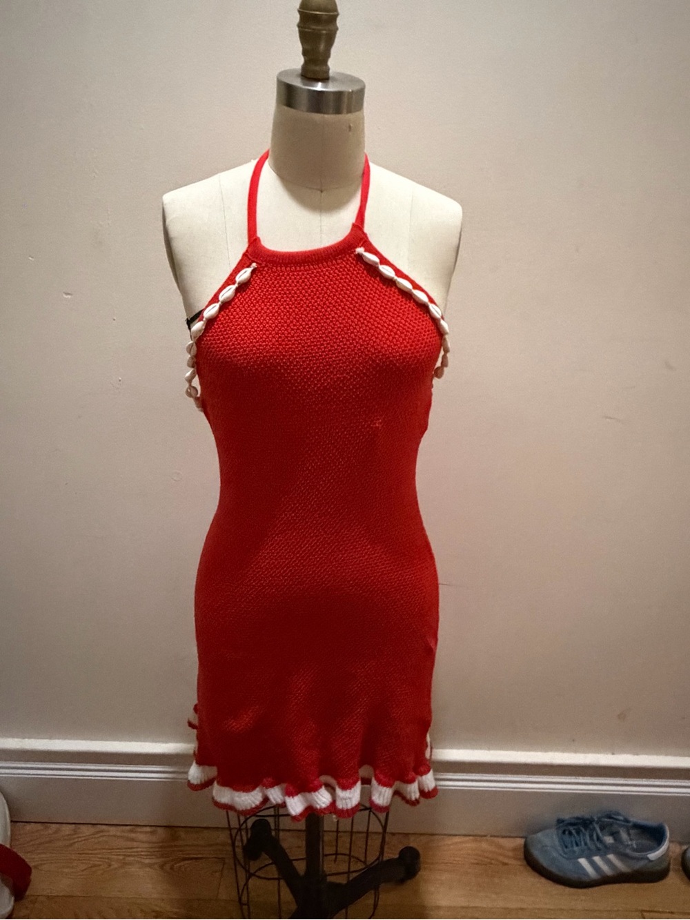 Red Halter Knit Dress with Shell Trim